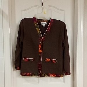 Vintage Brown Cardigan with Floral Trim